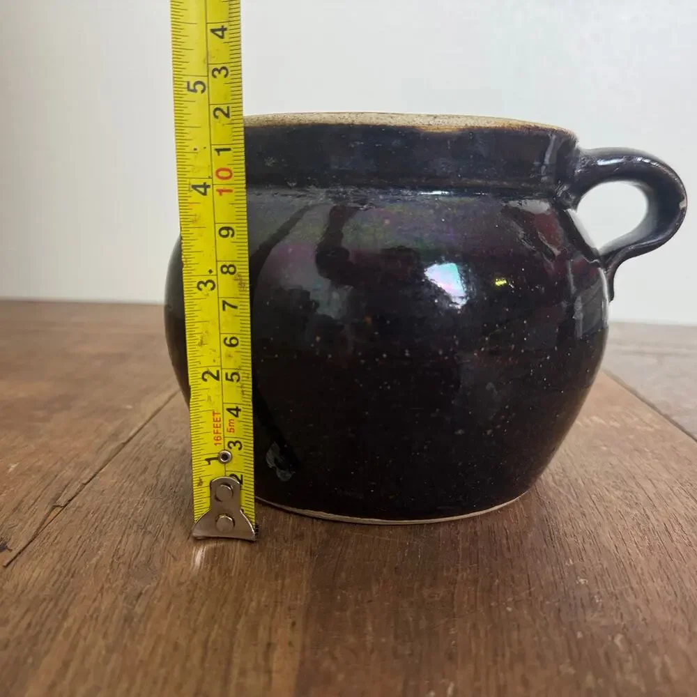 Vintage Antique Black Stoneware Bean Crock with‎ handle no lid planter Farmhouse